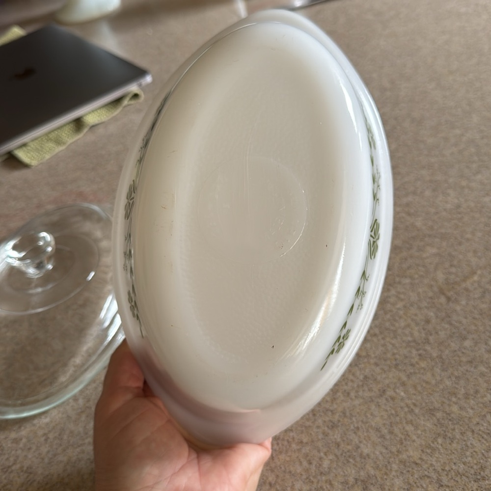Vintage Glasbake 1 Qt. Oval Covered Casserole/Vegetable Dish w/Green Daisies Lid - Picture 7 of 10